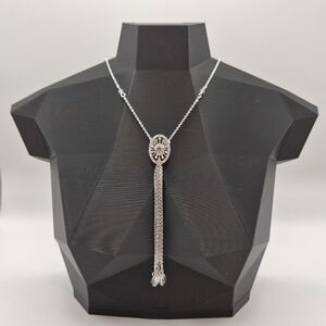 Gloria Vanderbilt GV9 Crystal Tassel Lariat Necklace Silver Tone Vintage